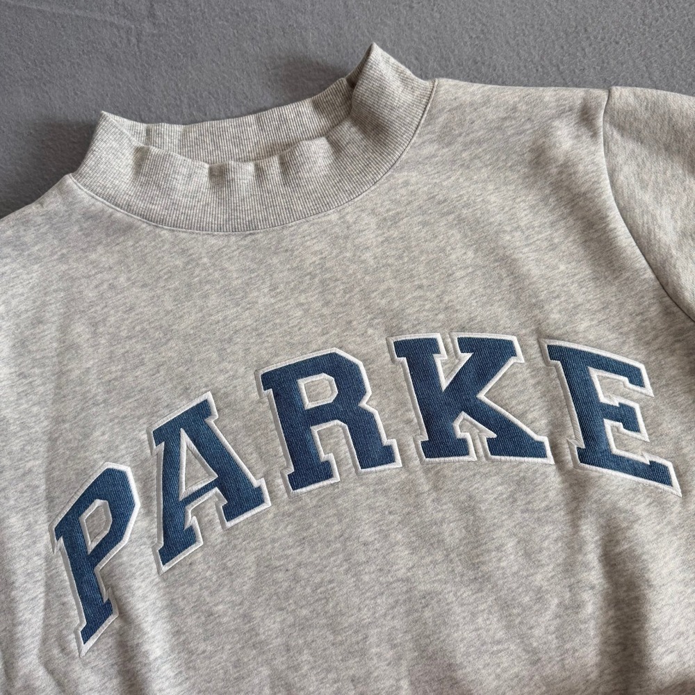 Parke Vintage Denim Classic Grey Varsity Mockneck S/M Oversized Fall Fashion